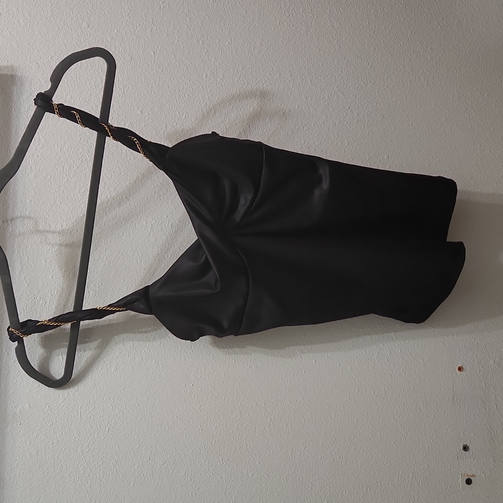 Black Shiny Tank Top with gold wrap straps